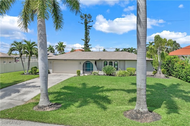 single story home with a front yard and a garage