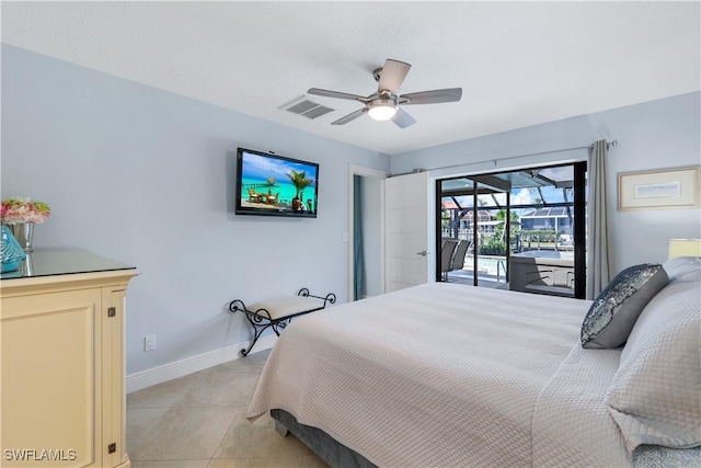 bedroom featuring ceiling fan, access to exterior, and light tile patterned floors