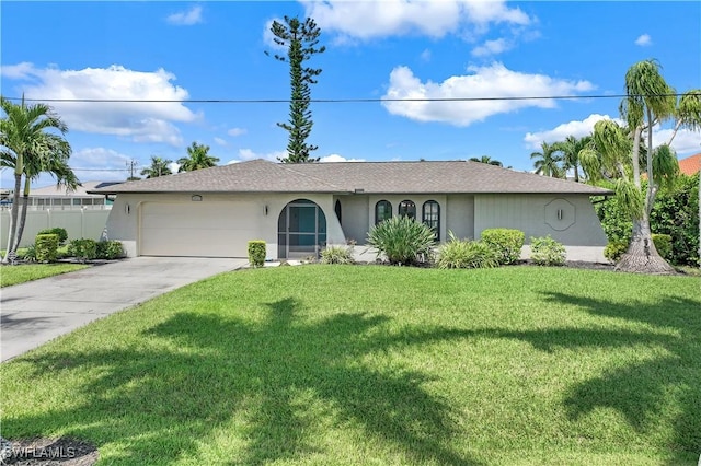 ranch-style house with a garage and a front lawn