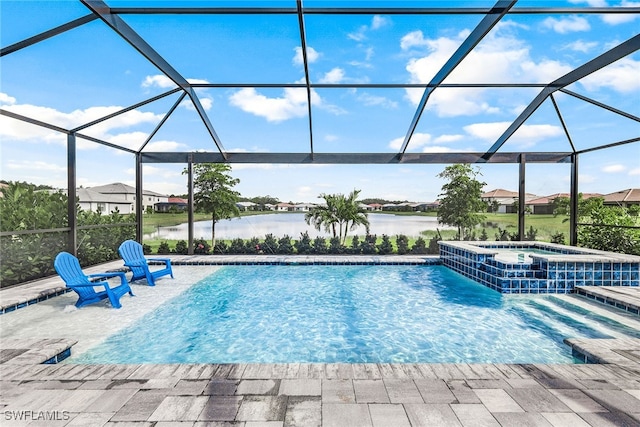 view of swimming pool with a water view, a lanai, and an in ground hot tub