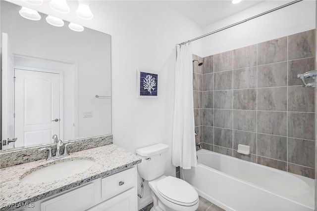 full bathroom with vanity, toilet, shower / tub combo with curtain, and tile patterned floors