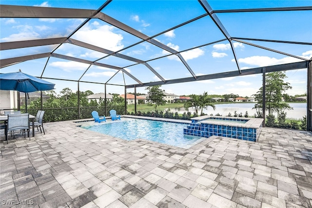 view of swimming pool with a water view, a patio area, glass enclosure, and an in ground hot tub