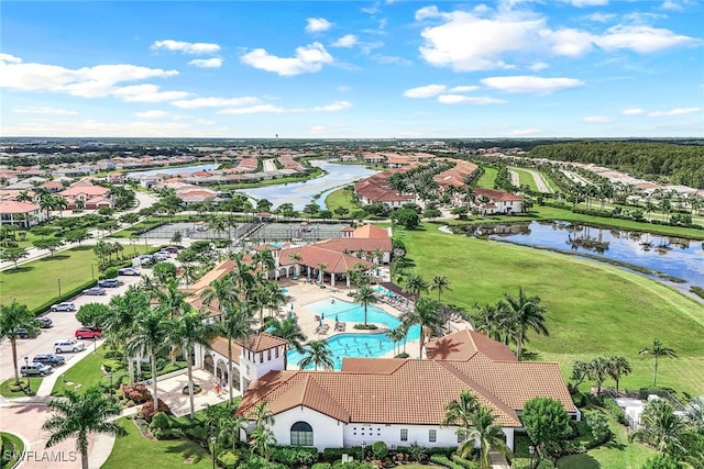 drone / aerial view featuring a water view