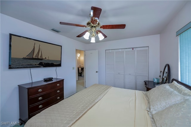 bedroom with multiple windows, a closet, and ceiling fan