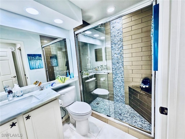 bathroom featuring vanity, toilet, tile patterned floors, and an enclosed shower