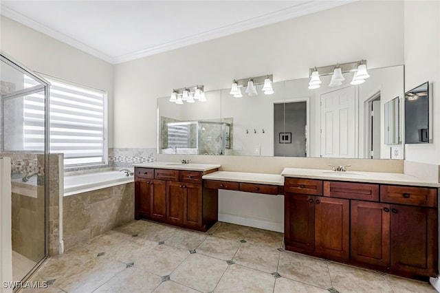 bathroom with ornamental molding, vanity, independent shower and bath, and tile patterned floors