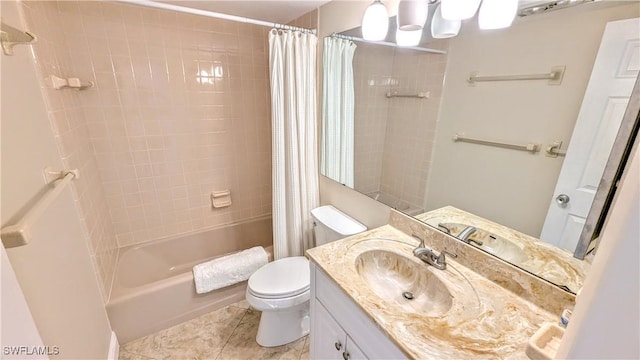 bathroom with tile patterned floors, shower / bathtub combination with curtain, toilet, and vanity