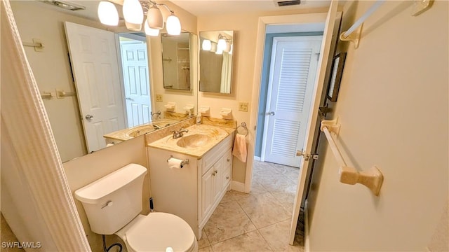 bathroom featuring toilet, tile patterned floors, visible vents, and vanity