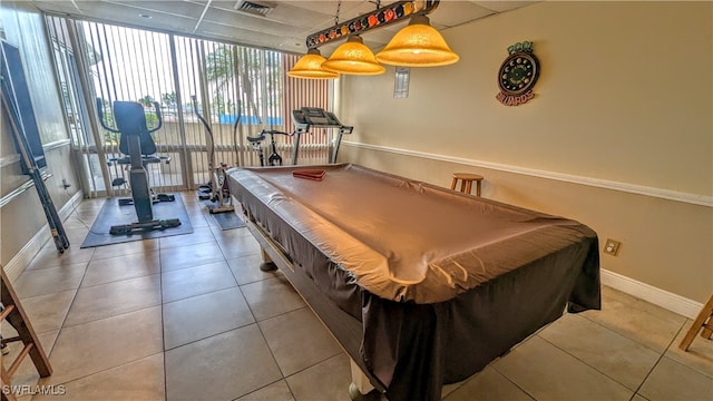 recreation room featuring light tile patterned floors, visible vents, billiards, and baseboards