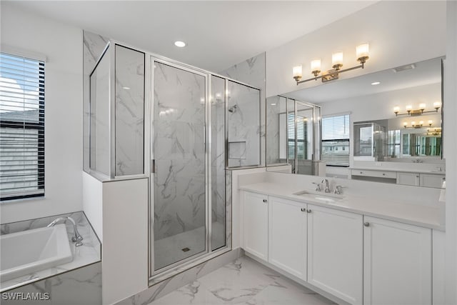 bathroom with vanity and plus walk in shower