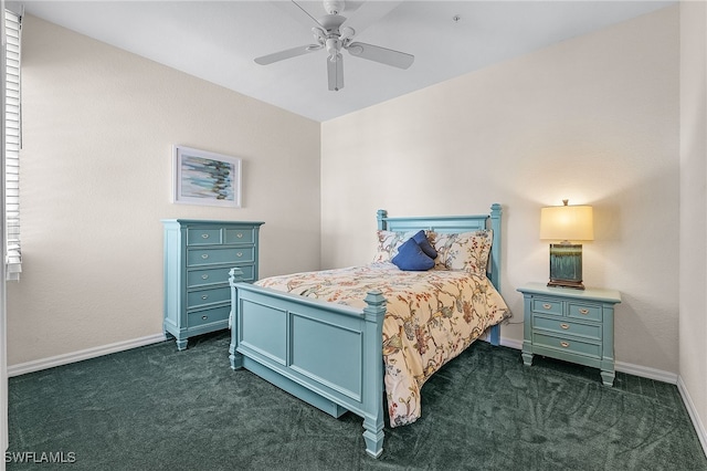 bedroom with baseboards, dark colored carpet, and ceiling fan