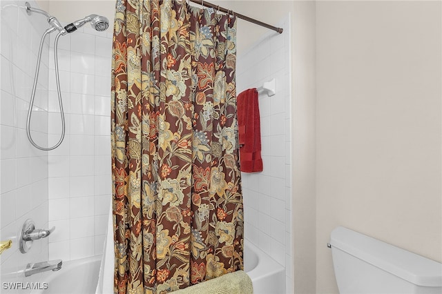 bathroom featuring toilet and shower / bathtub combination with curtain