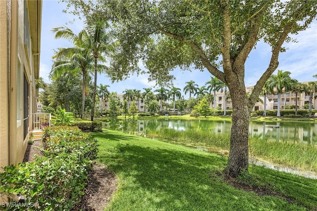 view of yard with a water view