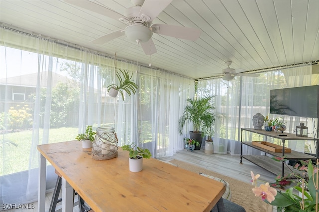 sunroom featuring wooden ceiling and ceiling fan