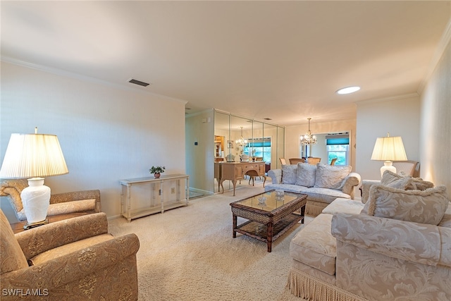 living room with carpet flooring, a notable chandelier, and ornamental molding