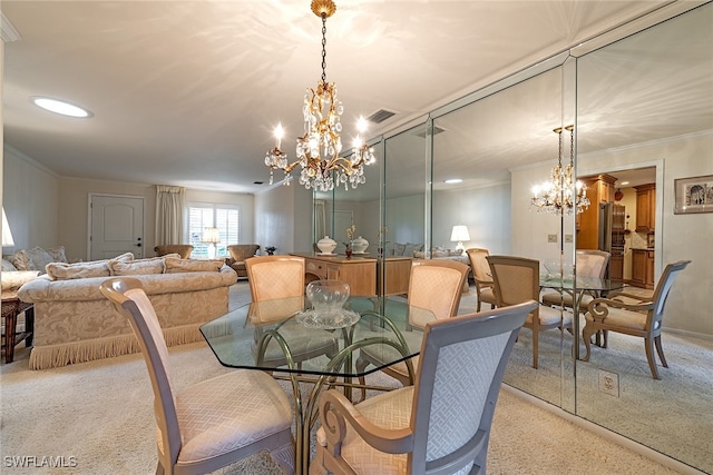 dining room with a notable chandelier, light carpet, and ornamental molding