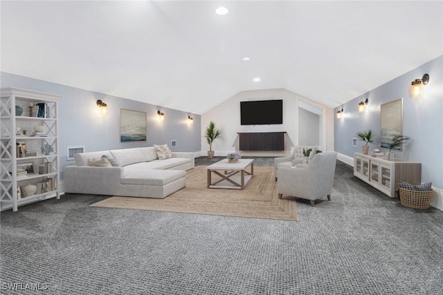 carpeted living room with lofted ceiling and a fireplace