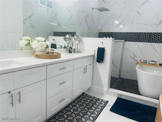 3713 25th St SW, Lehigh Acres, FL 33976 - bathroom with a marble finish shower, a sink, a freestanding tub, and double vanity
