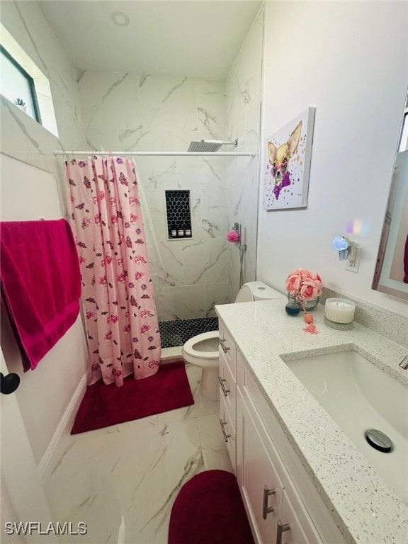 3713 25th St SW, Lehigh Acres, FL 33976 - bathroom featuring a marble finish shower, toilet, vanity, and marble finish floor
