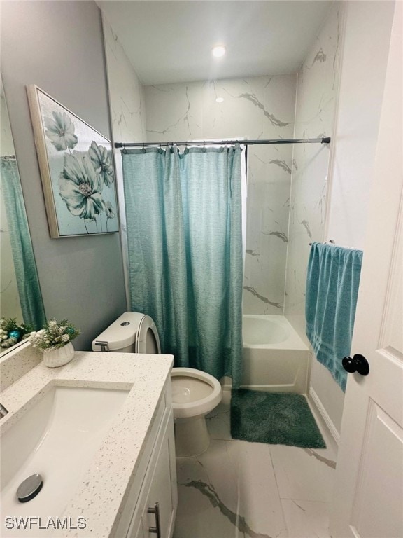 3713 25th St SW, Lehigh Acres, FL 33976 - bathroom featuring shower / bathtub combination with curtain, vanity, toilet, and marble finish floor