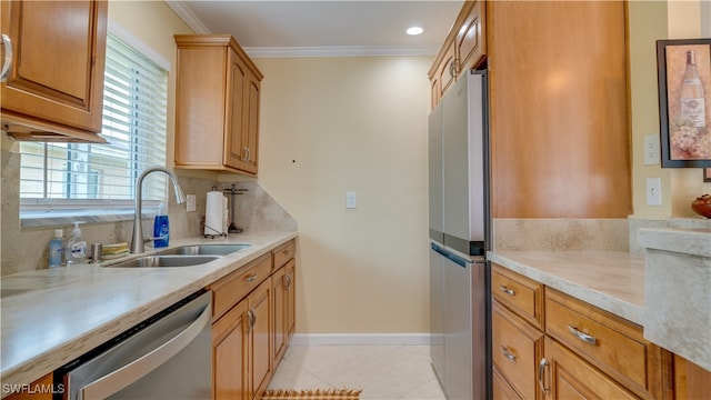 kitchen with appliances with stainless steel finishes, decorative backsplash, sink, ornamental molding, and light tile patterned flooring