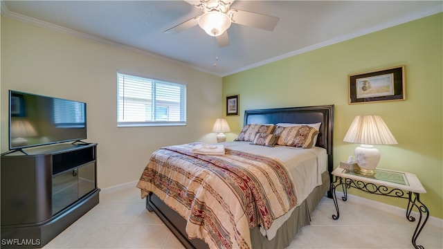 tiled bedroom with ceiling fan and ornamental molding