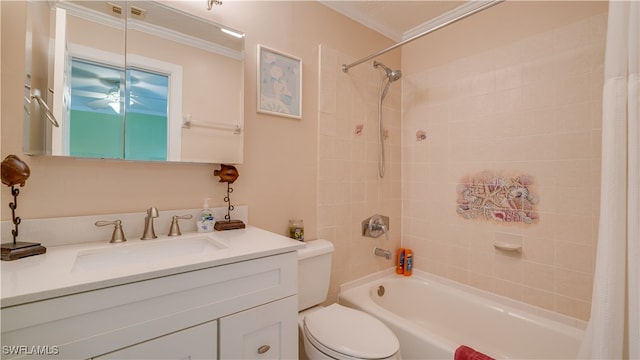 full bathroom with shower / bath combo, toilet, vanity, and ornamental molding