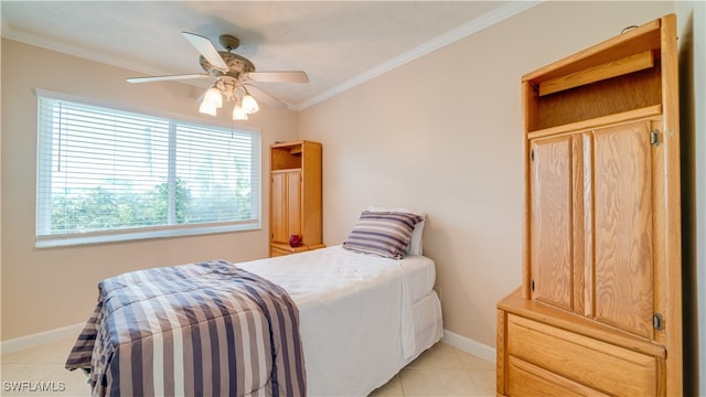 bedroom featuring multiple windows, light tile patterned floors, ceiling fan, and ornamental molding