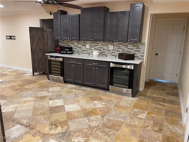 kitchen featuring ceiling fan, decorative backsplash, and wine cooler