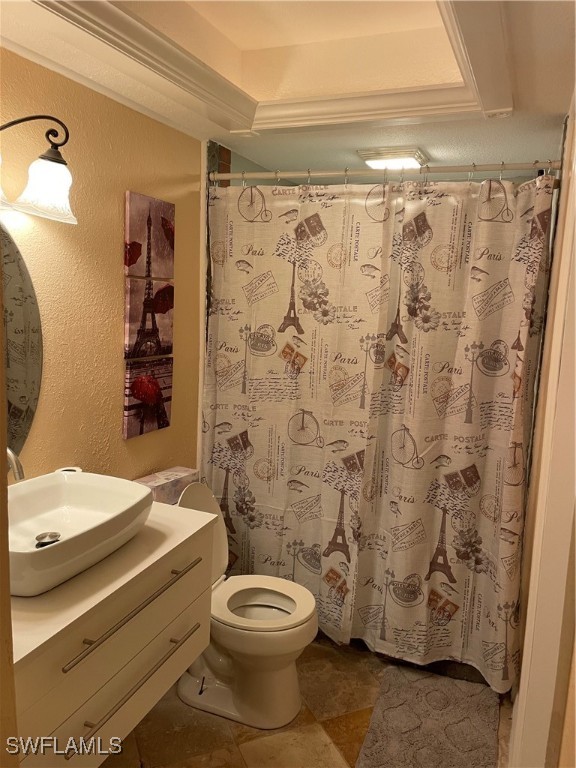 bathroom with vanity, toilet, and curtained shower