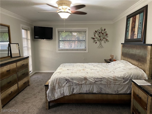 bedroom with ornamental molding, ceiling fan, and carpet flooring