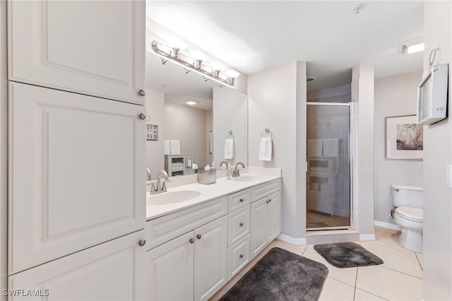 bathroom with tile patterned flooring, vanity, toilet, and an enclosed shower