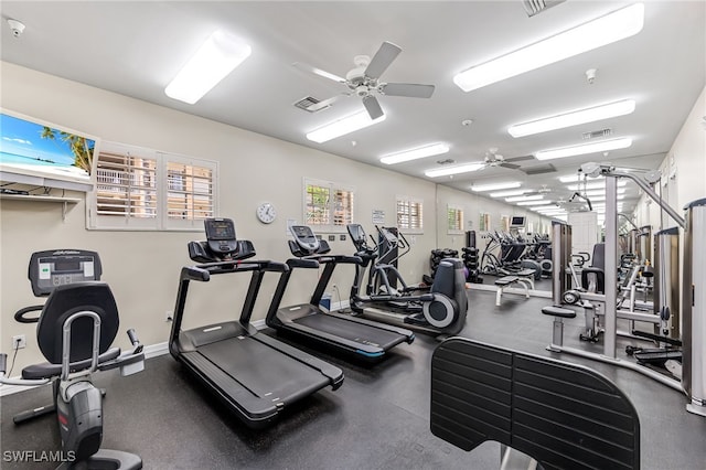 workout area featuring ceiling fan