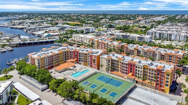 aerial view featuring a water view