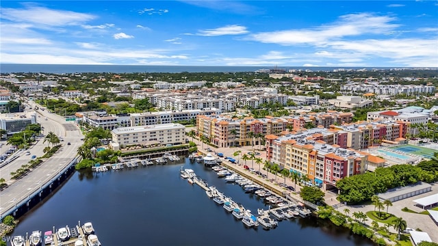 bird's eye view with a water view