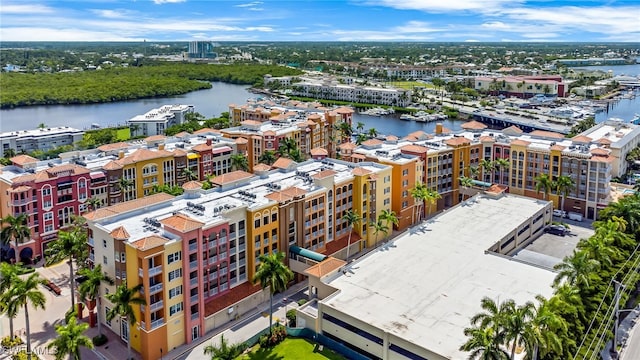 drone / aerial view with a water view