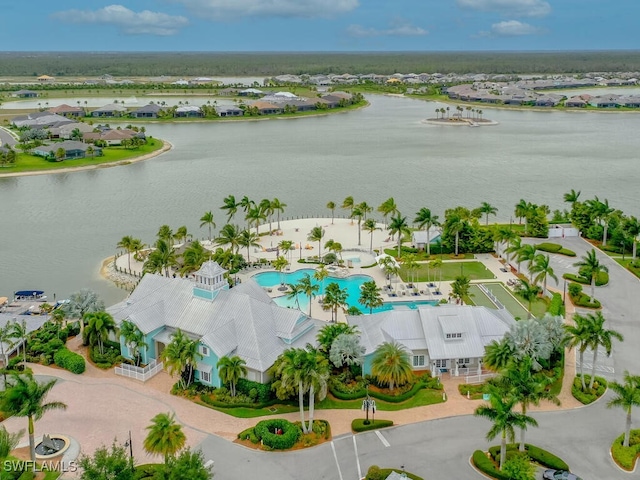 drone / aerial view with a water view