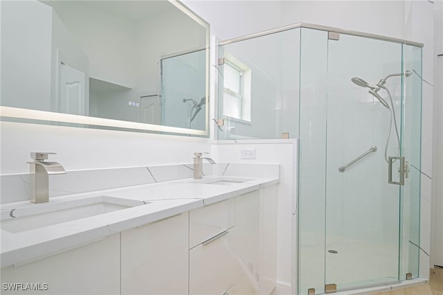 bathroom featuring vanity and a shower with shower door