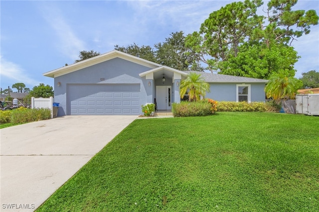 single story home with a front lawn and a garage