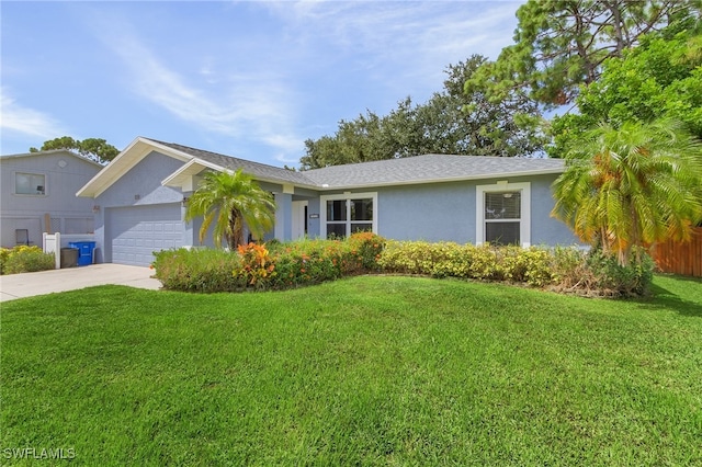 ranch-style home with a garage and a front yard