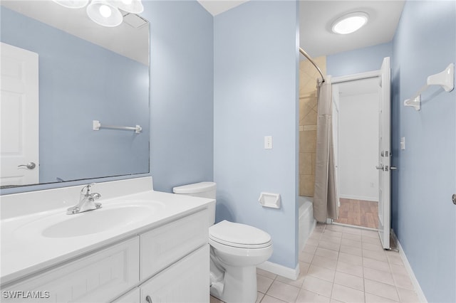 full bathroom with vanity, toilet, shower / tub combo with curtain, and wood-type flooring