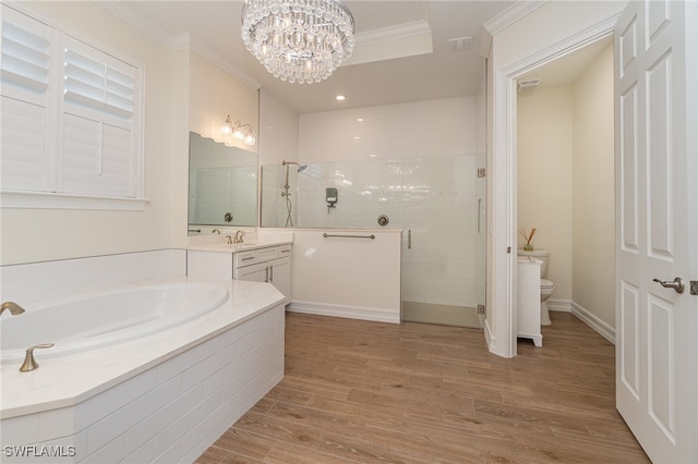 full bathroom with ornamental molding, hardwood / wood-style floors, a chandelier, and toilet