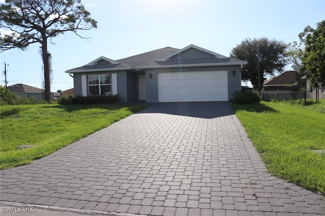 ranch-style house with a front lawn and a garage