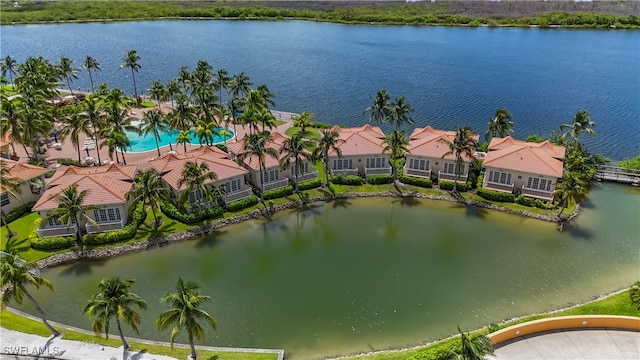 drone / aerial view featuring a water view