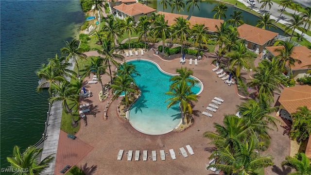 aerial view featuring a water view