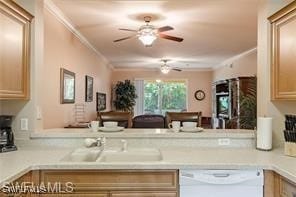 kitchen featuring white dishwasher, light brown cabinetry, sink, ornamental molding, and ceiling fan