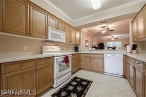 kitchen featuring ornamental molding, white appliances, light tile patterned floors, kitchen peninsula, and ceiling fan