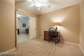 office featuring light colored carpet and ceiling fan