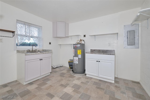 interior space with white cabinetry, electric panel, water heater, and sink