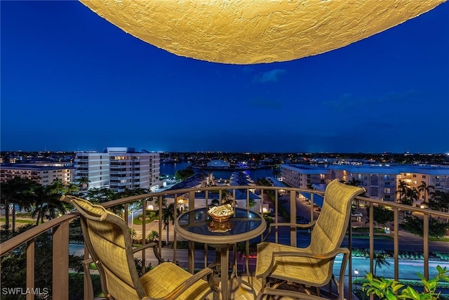 view of balcony at night